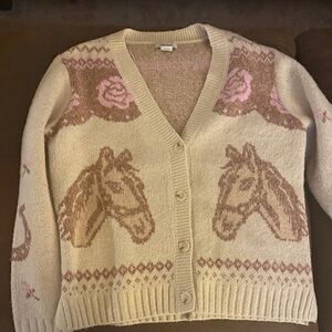 Haute Hippie Cream Cardigan with Pink and Tan Horse Motif